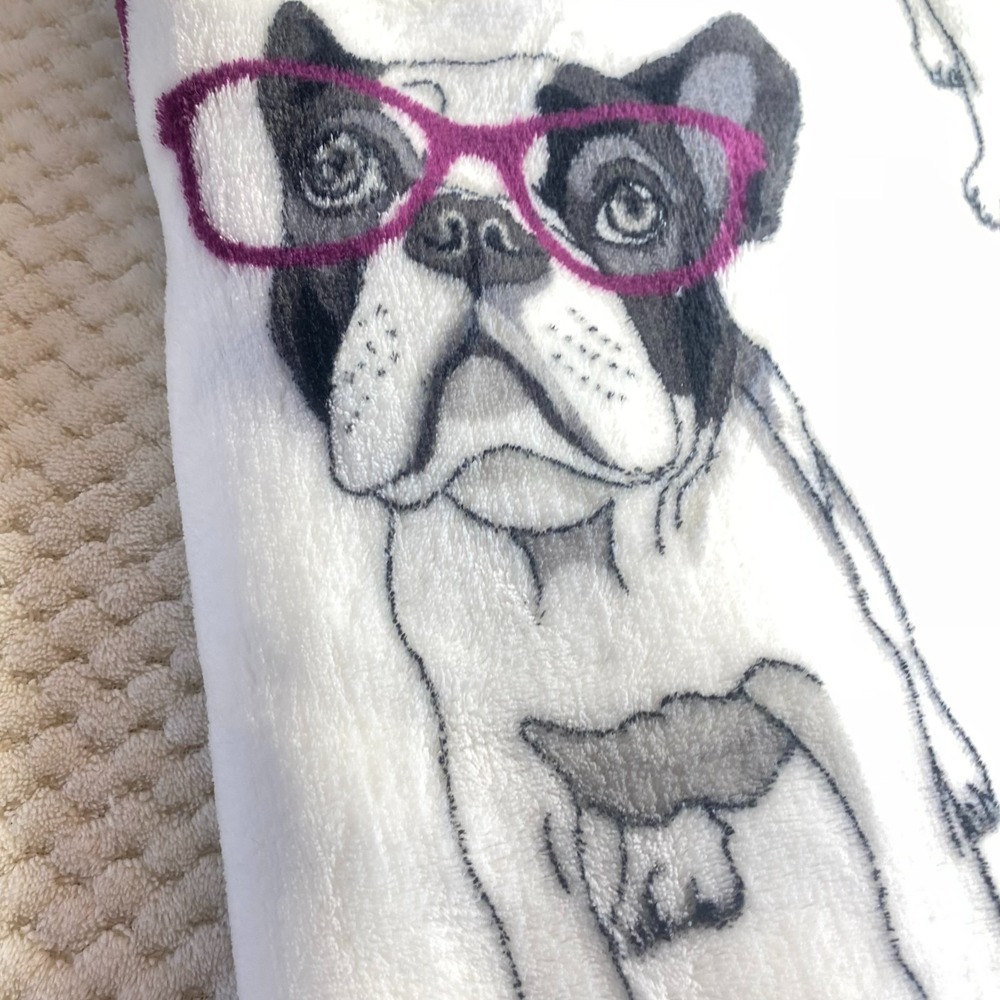 Real Living Throw Blanket Boxer French Bulldog Pink Glasses White Plush 50x60